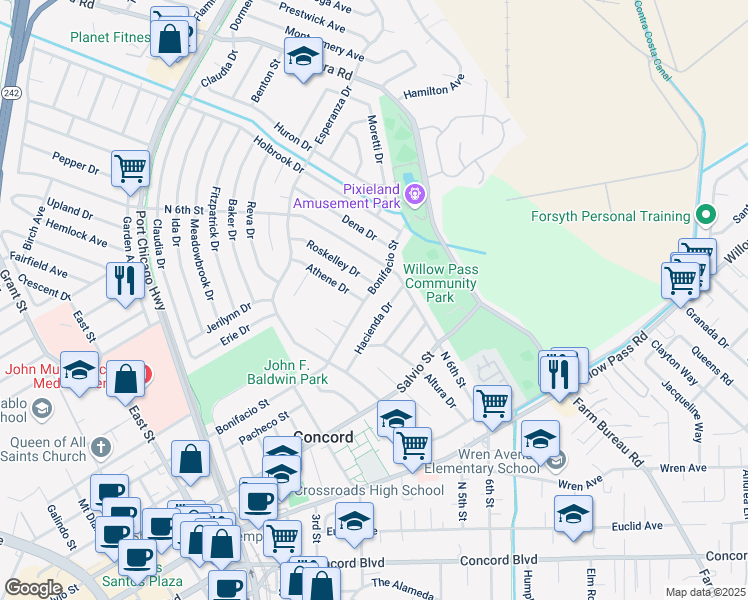 map of restaurants, bars, coffee shops, grocery stores, and more near 3149 Hacienda Drive in Concord