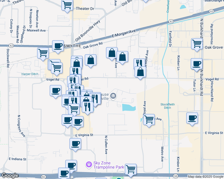 map of restaurants, bars, coffee shops, grocery stores, and more near 5308 Eden Drive in Evansville