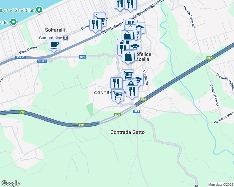 map of restaurants, bars, coffee shops, grocery stores, and more near 7 Viale Francia in Campofelice di Roccella