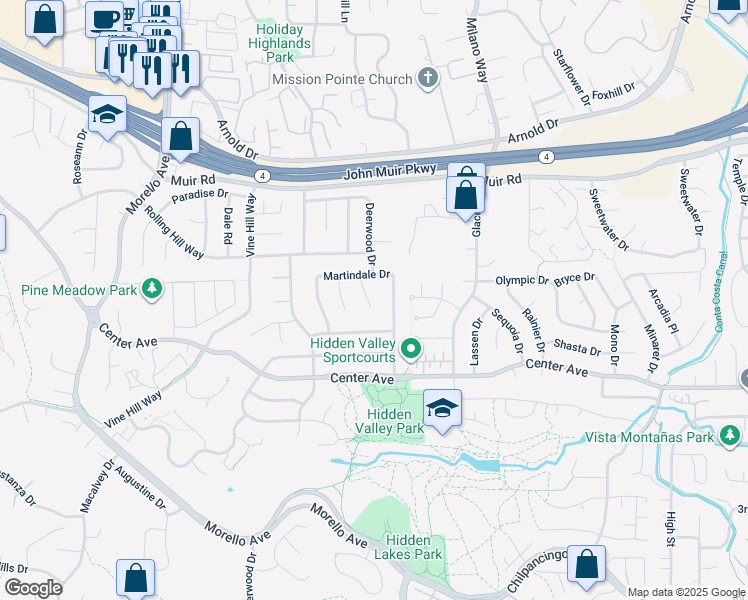 map of restaurants, bars, coffee shops, grocery stores, and more near 119 Kentfield Court in Martinez