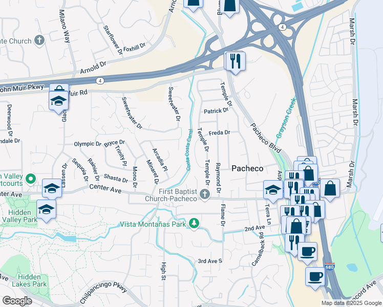 map of restaurants, bars, coffee shops, grocery stores, and more near 321 Ada Drive in Pacheco