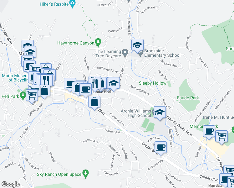 map of restaurants, bars, coffee shops, grocery stores, and more near 140 Oak Knoll Avenue in San Anselmo