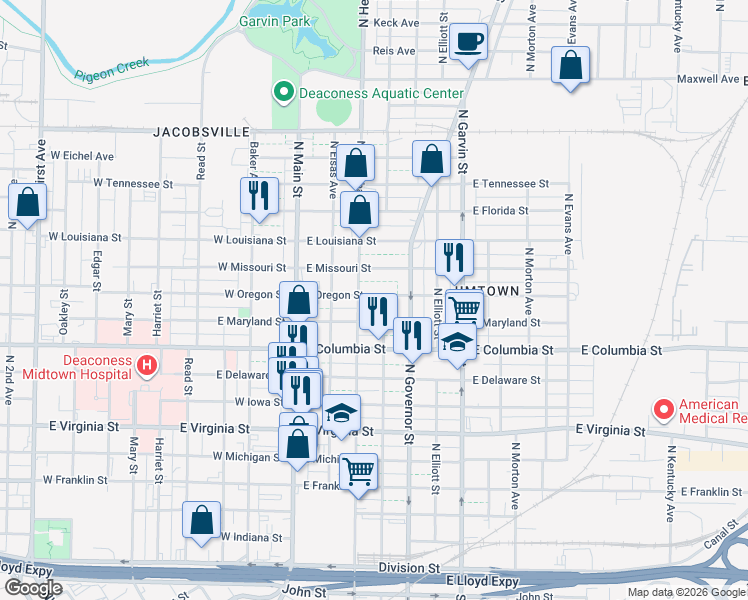 map of restaurants, bars, coffee shops, grocery stores, and more near 915 North Heidelbach Avenue in Evansville
