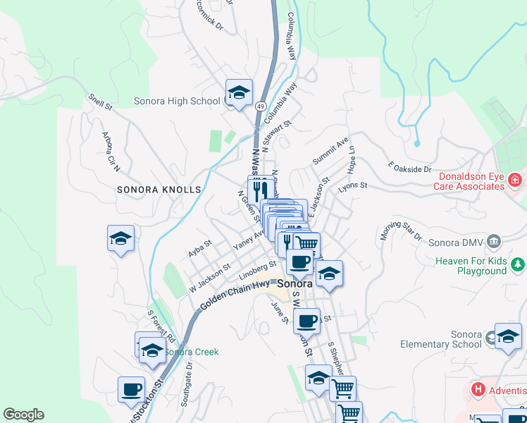 map of restaurants, bars, coffee shops, grocery stores, and more near 48 Yaney Avenue in Sonora