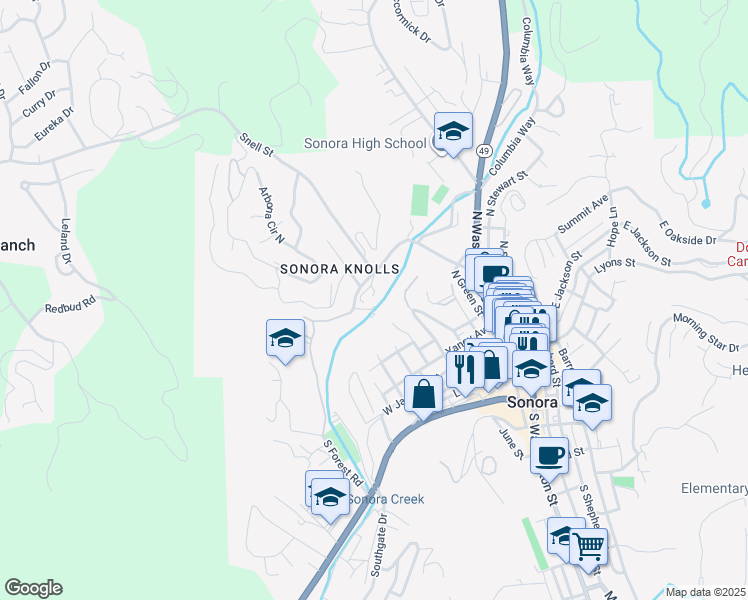 map of restaurants, bars, coffee shops, grocery stores, and more near 299 West Bonanza Road in Sonora