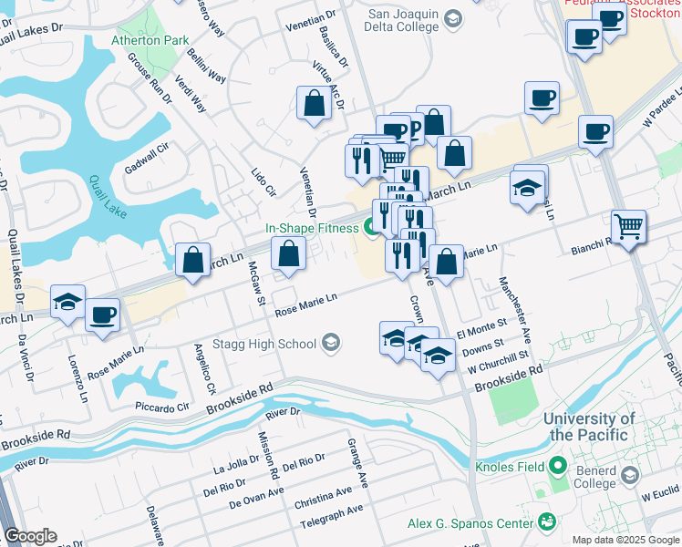 map of restaurants, bars, coffee shops, grocery stores, and more near 1545 Rosemarie Lane in Stockton