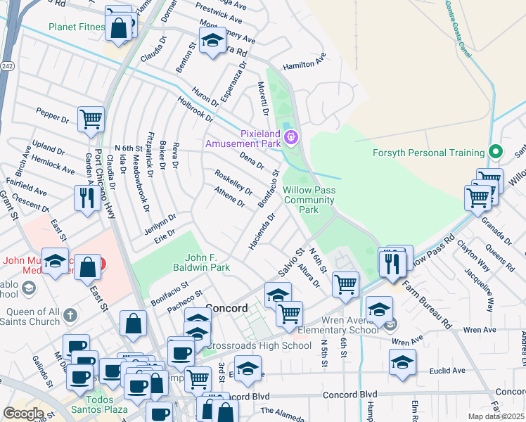 map of restaurants, bars, coffee shops, grocery stores, and more near 3149 Hacienda Drive in Concord