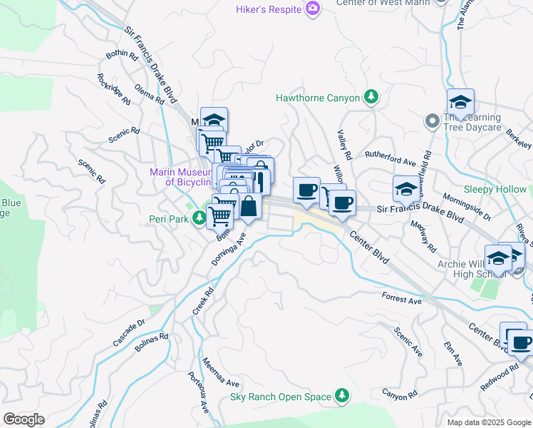 map of restaurants, bars, coffee shops, grocery stores, and more near 26 Pacheco Avenue in Fairfax