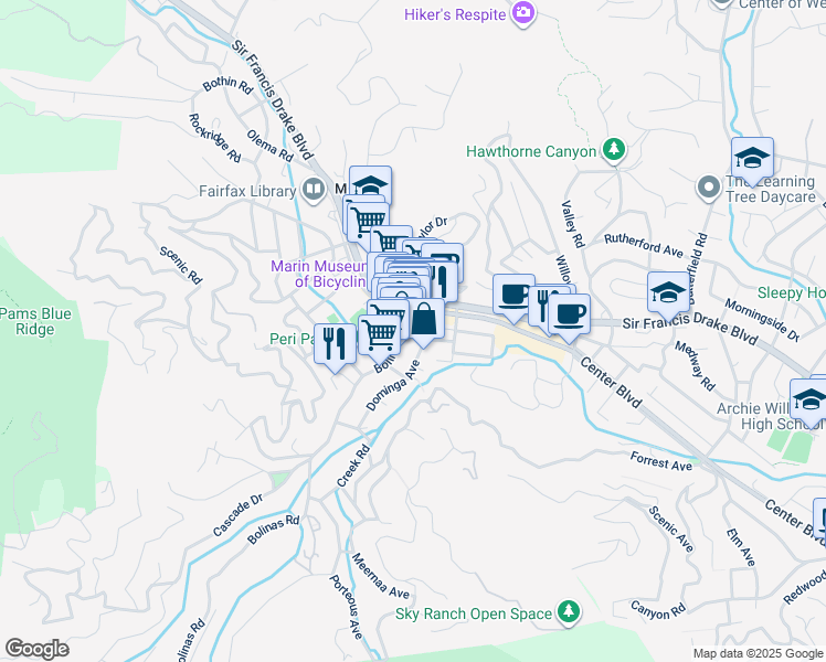 map of restaurants, bars, coffee shops, grocery stores, and more near 51 Bolinas Road in Fairfax