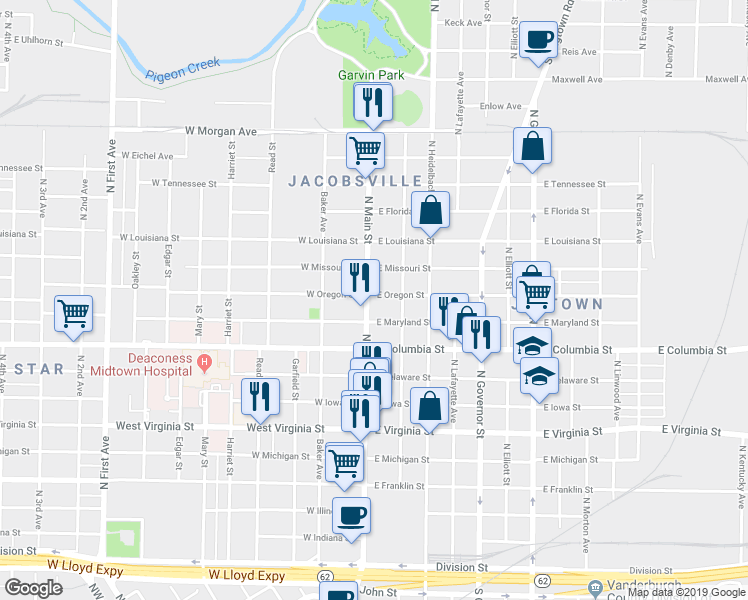 map of restaurants, bars, coffee shops, grocery stores, and more near 900 North Main Street in Evansville
