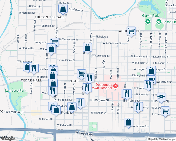 map of restaurants, bars, coffee shops, grocery stores, and more near 905 North First Avenue in Evansville