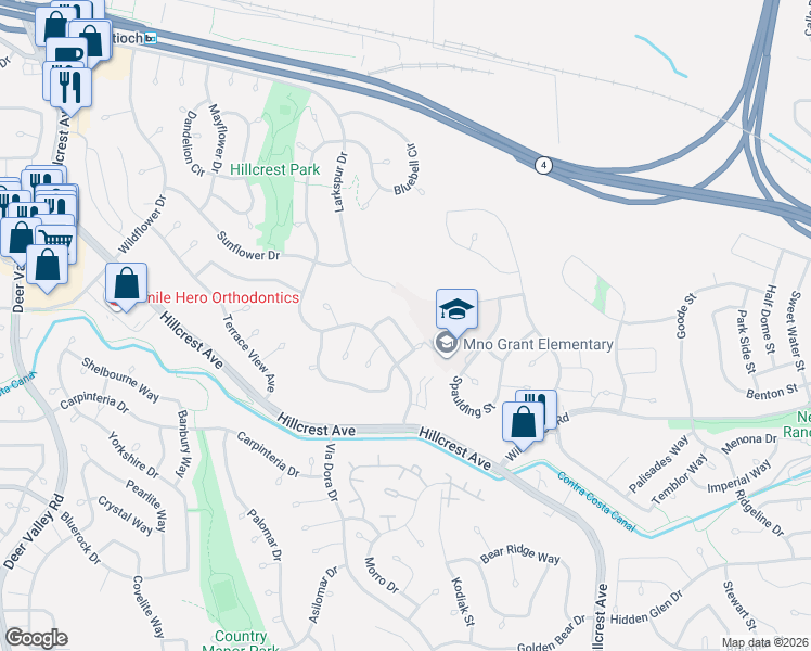 map of restaurants, bars, coffee shops, grocery stores, and more near 3609 Leafwood Circle in Antioch