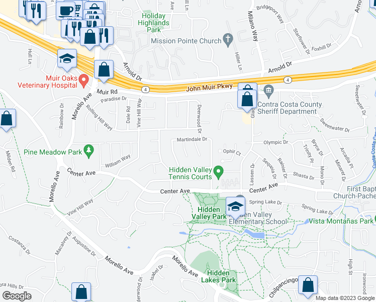map of restaurants, bars, coffee shops, grocery stores, and more near 119 Benedict Court in Martinez