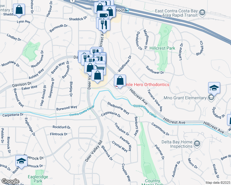 map of restaurants, bars, coffee shops, grocery stores, and more near 3454 Hillcrest Avenue in Antioch