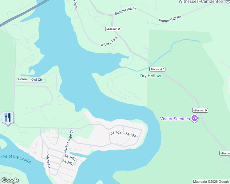 map of restaurants, bars, coffee shops, grocery stores, and more near 424 Minnowbrook Road in Camdenton