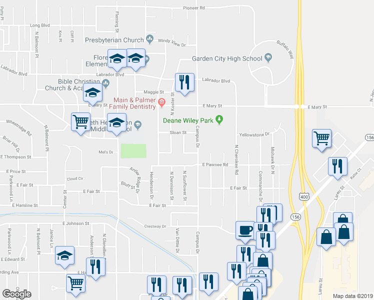 map of restaurants, bars, coffee shops, grocery stores, and more near 1911 Zipper Street in Garden City