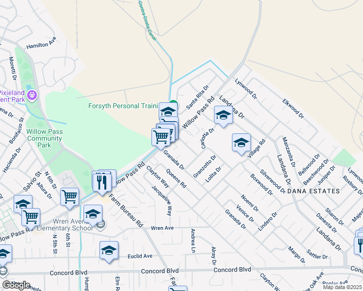 map of restaurants, bars, coffee shops, grocery stores, and more near 1895 San Vincente Drive in Concord