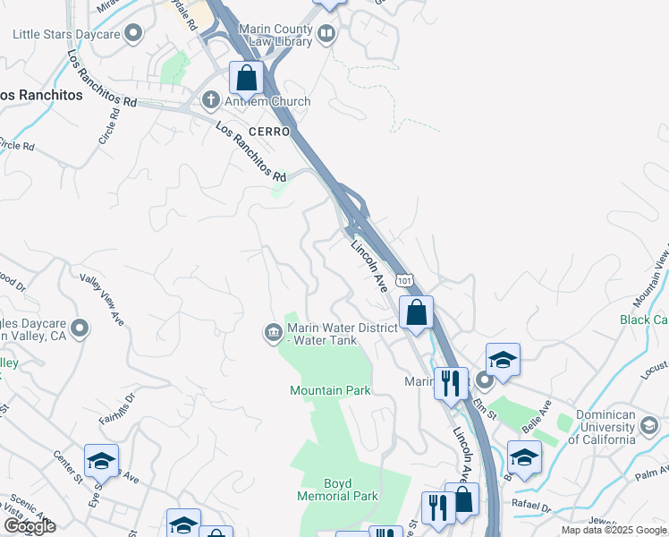 map of restaurants, bars, coffee shops, grocery stores, and more near 318 Prospect Drive in San Rafael