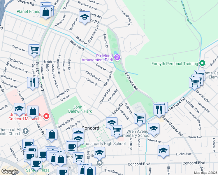 map of restaurants, bars, coffee shops, grocery stores, and more near 3167 Hacienda Drive in Concord