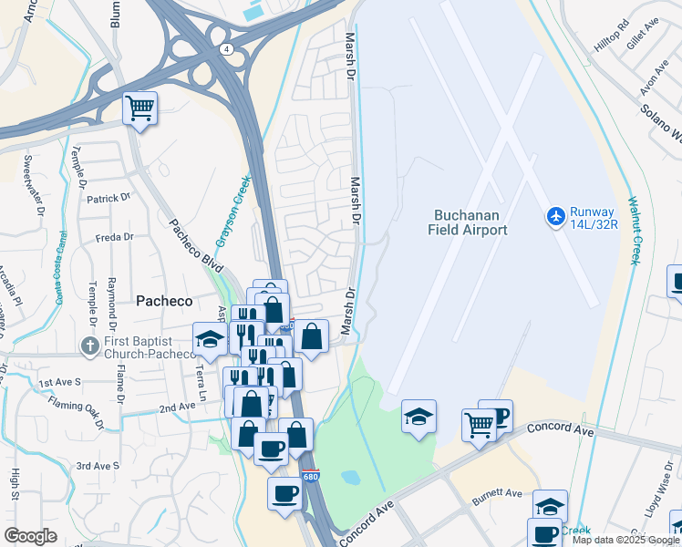 map of restaurants, bars, coffee shops, grocery stores, and more near 166 Selima Way in Pacheco