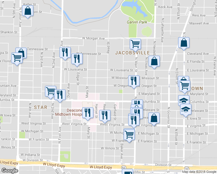 map of restaurants, bars, coffee shops, grocery stores, and more near 220 West Oregon Street in Evansville