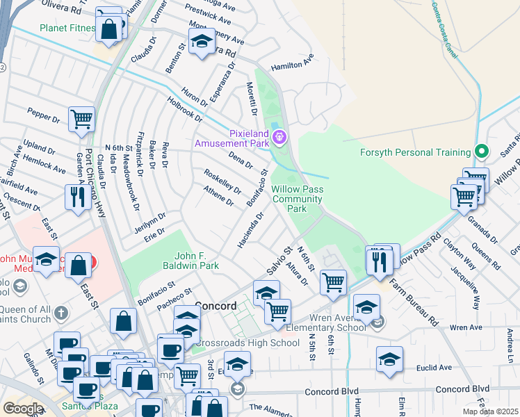 map of restaurants, bars, coffee shops, grocery stores, and more near 3167 Hacienda Drive in Concord