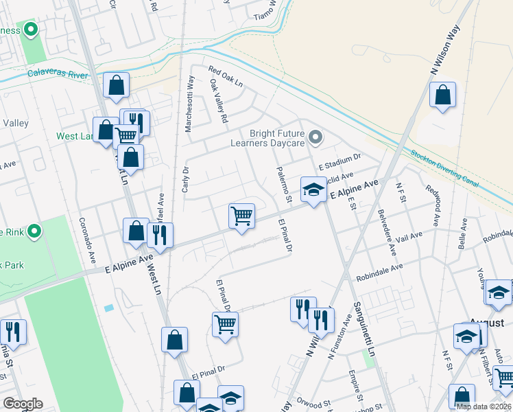 map of restaurants, bars, coffee shops, grocery stores, and more near 1954 Colmar Way in Stockton