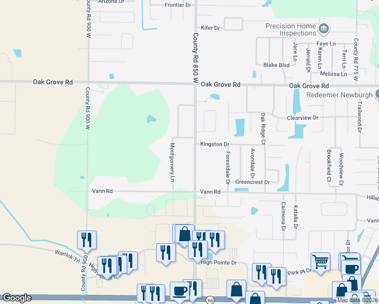 map of restaurants, bars, coffee shops, grocery stores, and more near 3313 County Road 850 West in Newburgh