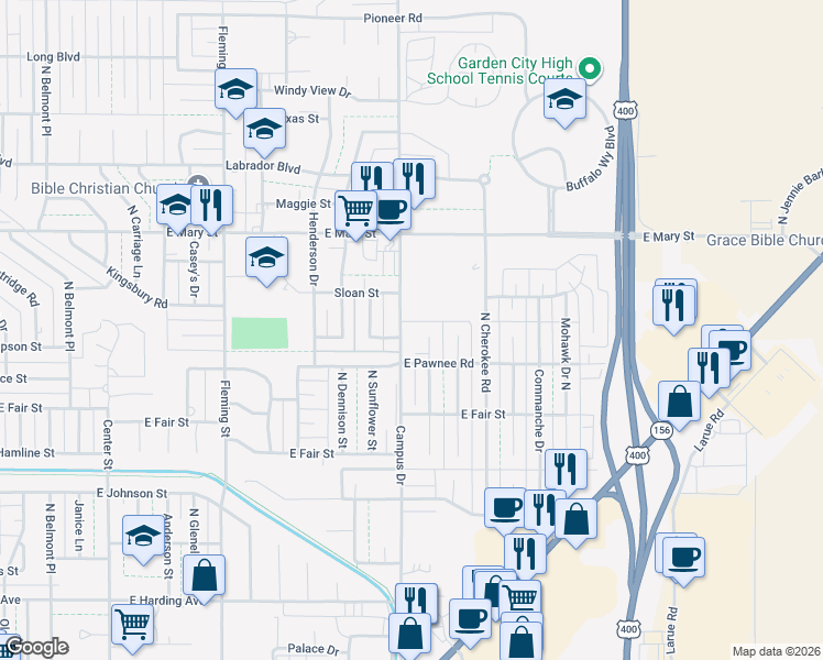 map of restaurants, bars, coffee shops, grocery stores, and more near 2205 North Arapahoe Drive in Garden City