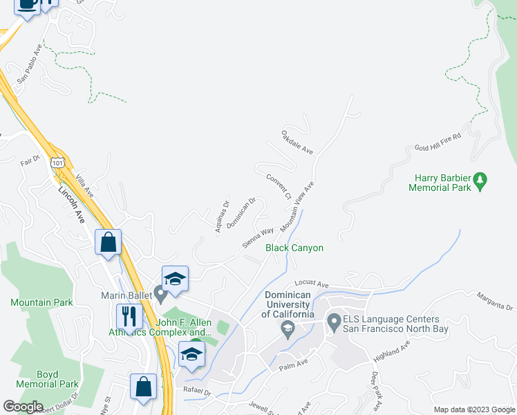 map of restaurants, bars, coffee shops, grocery stores, and more near 25 Dominican Drive in San Rafael