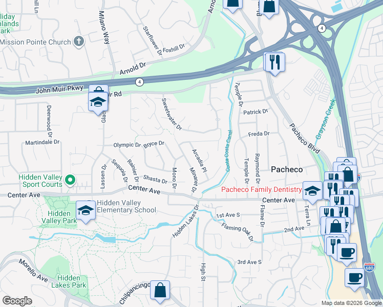 map of restaurants, bars, coffee shops, grocery stores, and more near 2232 Arcadia Place in Martinez