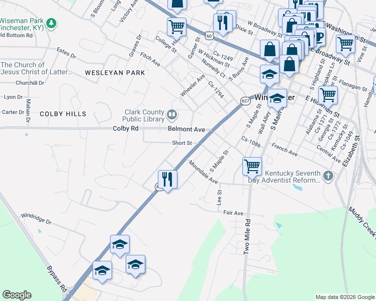 map of restaurants, bars, coffee shops, grocery stores, and more near 379 Boone Avenue in Winchester