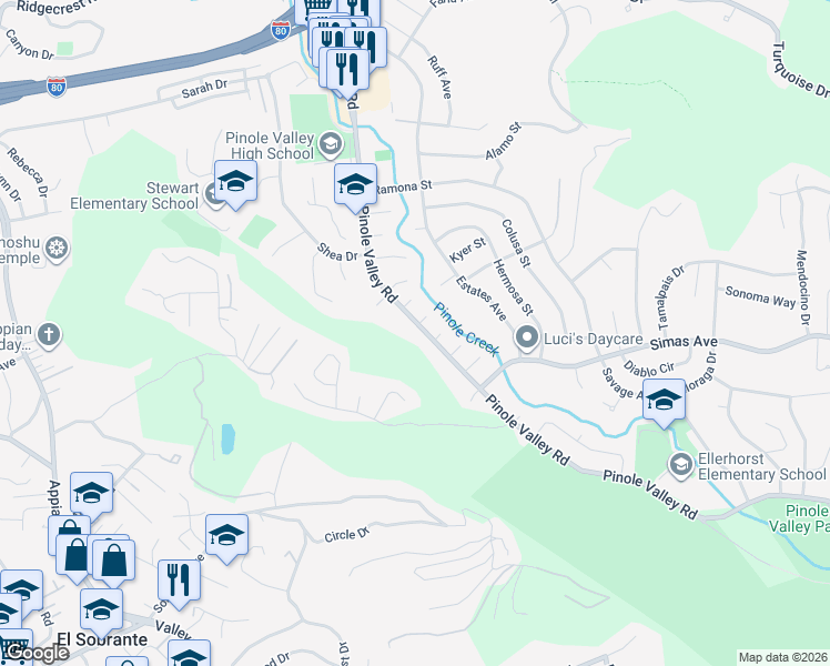 map of restaurants, bars, coffee shops, grocery stores, and more near 3200 Pinole Valley Road in Pinole