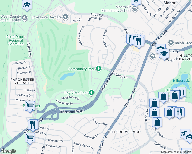 map of restaurants, bars, coffee shops, grocery stores, and more near 346 Hawk Ridge Drive in Richmond