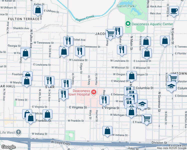 map of restaurants, bars, coffee shops, grocery stores, and more near 906 Harriet Street in Evansville