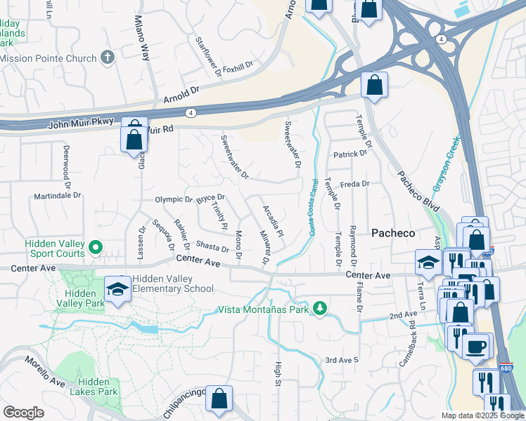 map of restaurants, bars, coffee shops, grocery stores, and more near 2232 Arcadia Place in Martinez