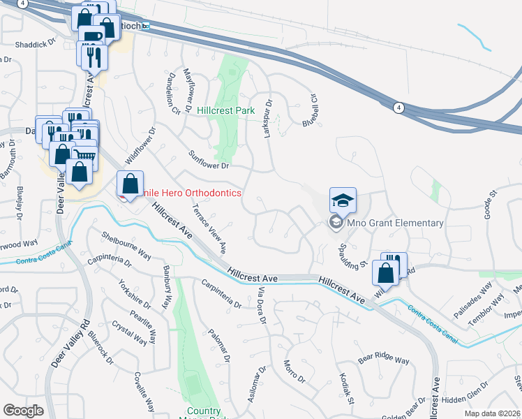 map of restaurants, bars, coffee shops, grocery stores, and more near 3308 Bellflower Drive in Antioch
