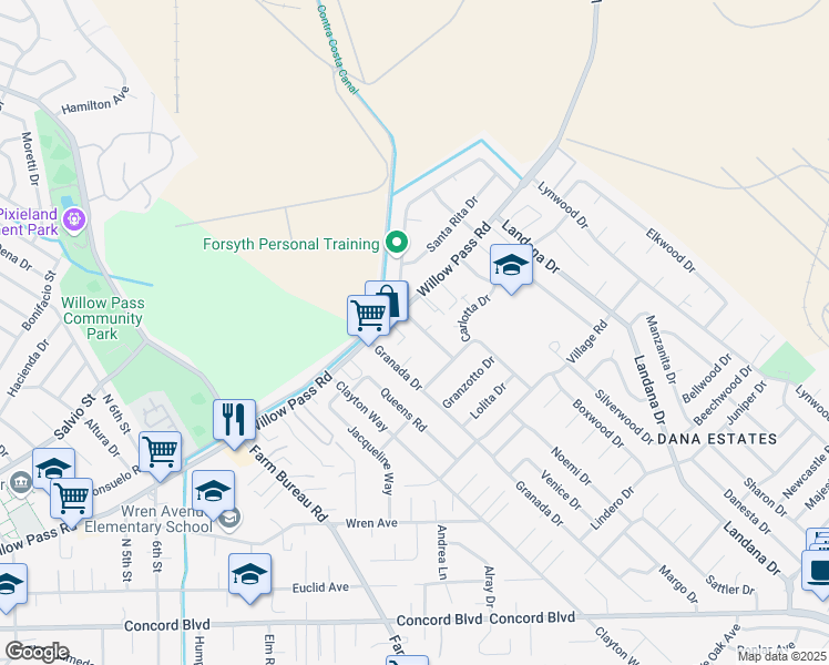 map of restaurants, bars, coffee shops, grocery stores, and more near 3618 Hacienda Court in Concord