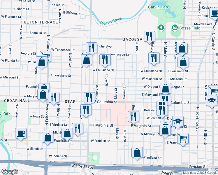 map of restaurants, bars, coffee shops, grocery stores, and more near 906 Mary St in Evansville