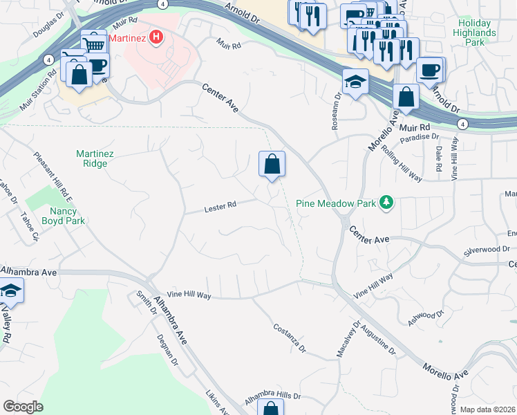 map of restaurants, bars, coffee shops, grocery stores, and more near 3092 Lester Road in Martinez
