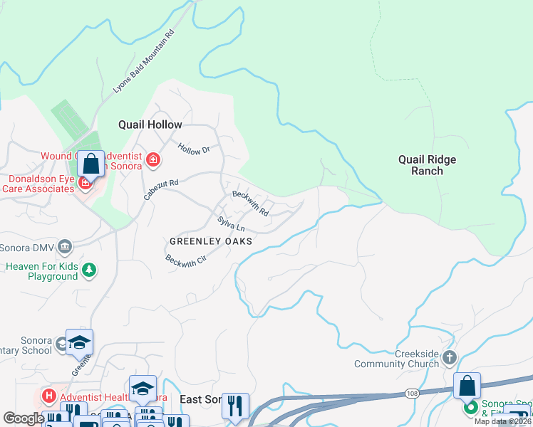 map of restaurants, bars, coffee shops, grocery stores, and more near 20102 Woodduck Lane in Sonora