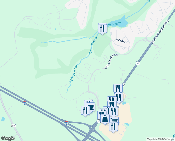 map of restaurants, bars, coffee shops, grocery stores, and more near 75 Cottage Court in Zion Crossroads