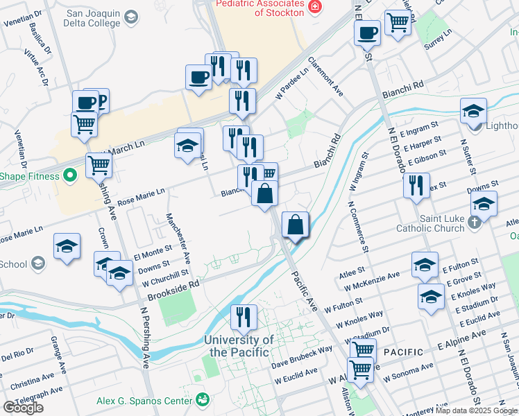map of restaurants, bars, coffee shops, grocery stores, and more near 4227 Pacific Avenue in Stockton
