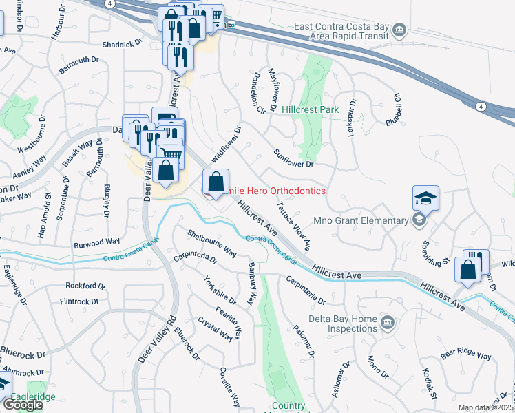 map of restaurants, bars, coffee shops, grocery stores, and more near 3527 Hillcrest Avenue in Antioch