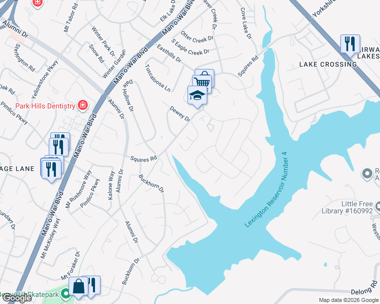 map of restaurants, bars, coffee shops, grocery stores, and more near 3256 Hunters Point Drive in Lexington