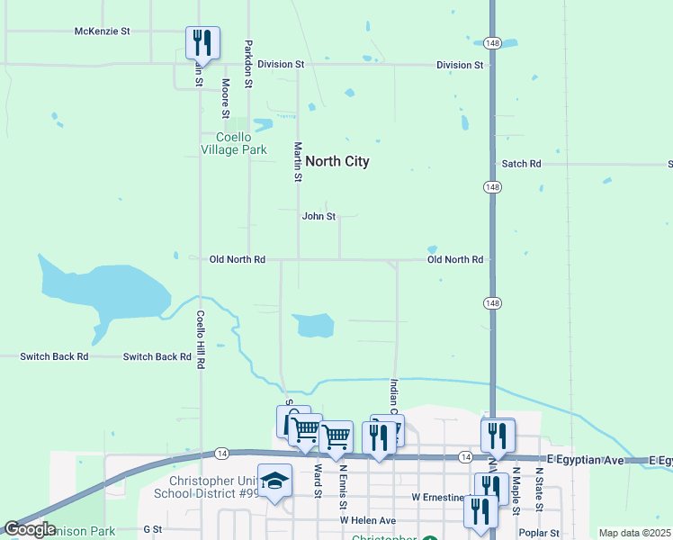 map of restaurants, bars, coffee shops, grocery stores, and more near 4998 Old North Road in Christopher