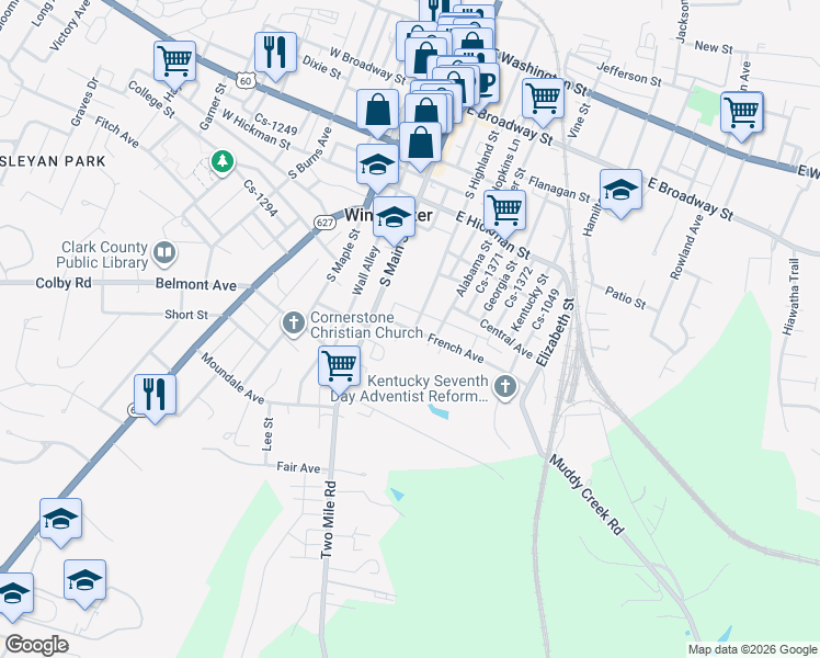 map of restaurants, bars, coffee shops, grocery stores, and more near 19 French Avenue in Winchester