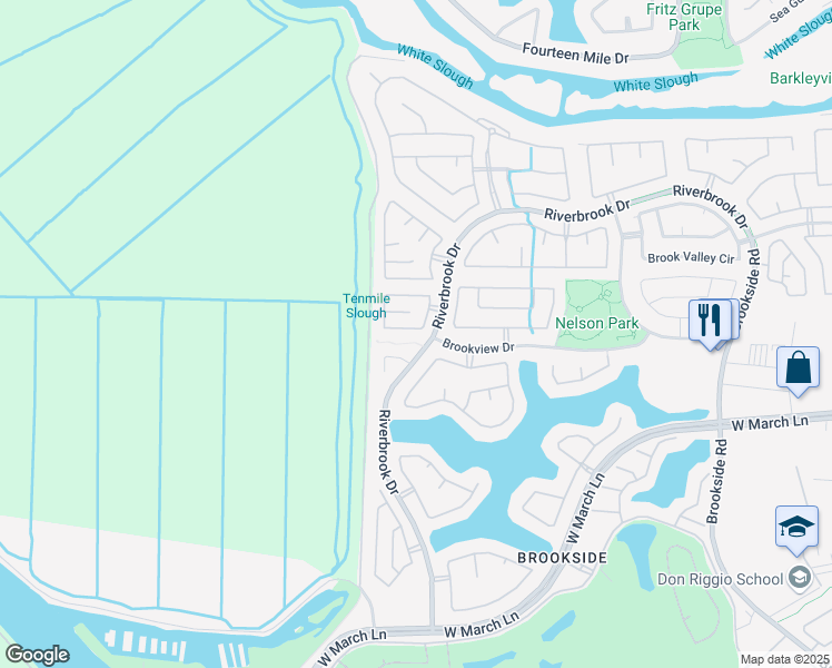 map of restaurants, bars, coffee shops, grocery stores, and more near 5335 Rockwood Circle in Stockton