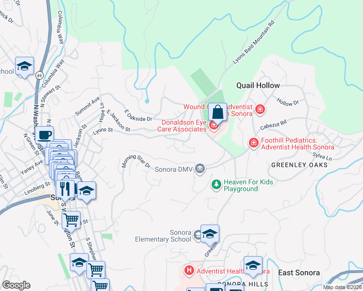 map of restaurants, bars, coffee shops, grocery stores, and more near 667-705 Old Bald Mountain Road in Sonora