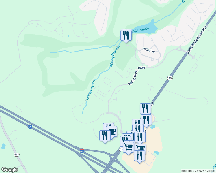 map of restaurants, bars, coffee shops, grocery stores, and more near 75 Cottage Court in Zion Crossroads